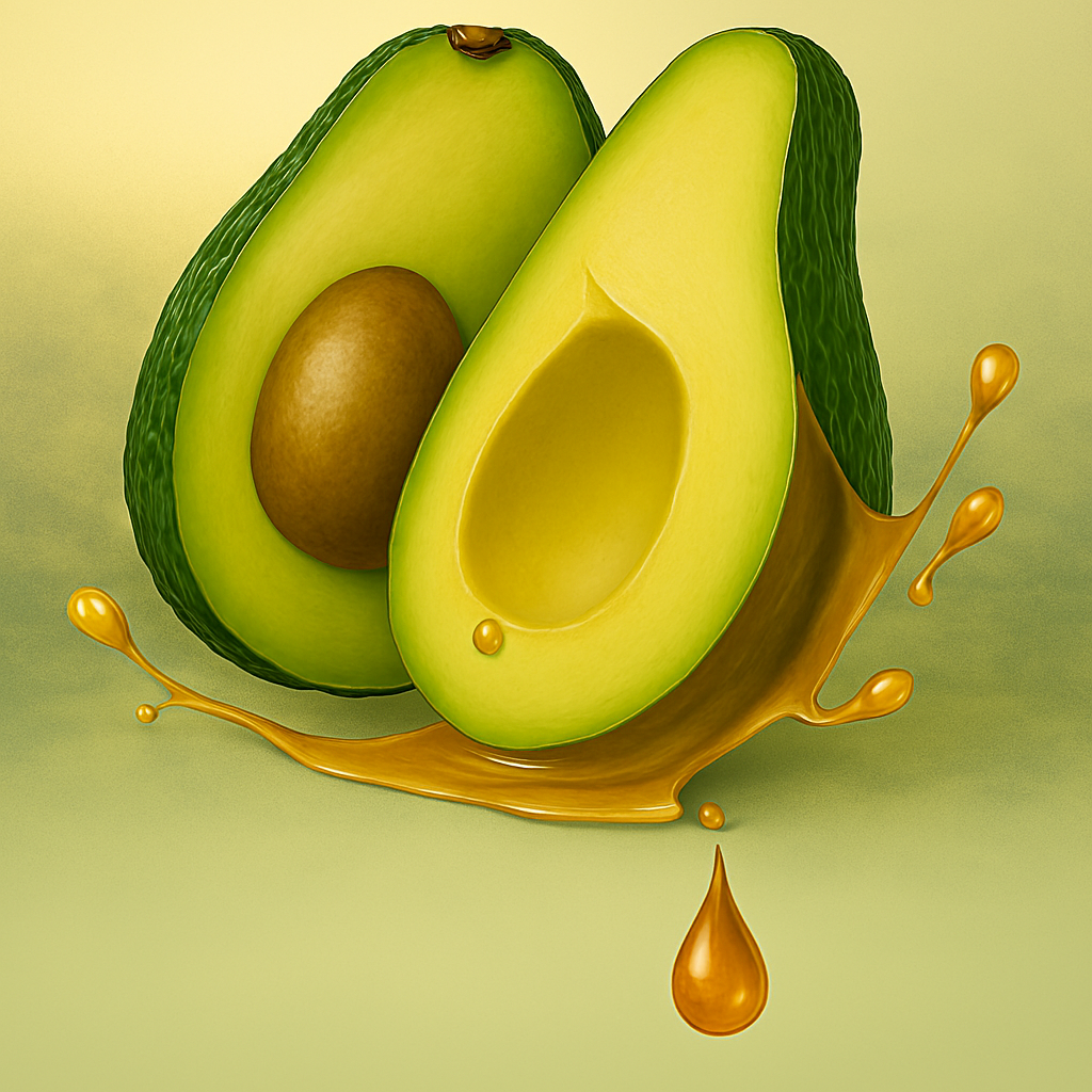 A sliced avocado with golden oil splashing out